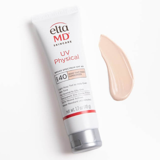 EltaMD UV Physical Rosy Tint Broad Spectrum SPF 40 Tube with swatch of product next to it